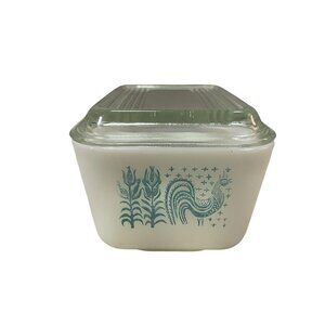 Pyrex Refrigerator Dish and Lid Used Butterprint Amish Rooster Rectangle